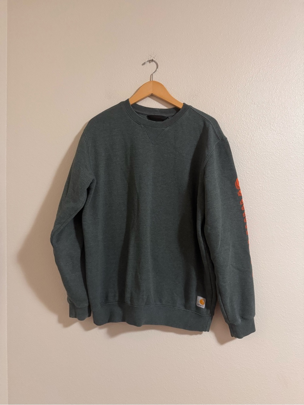 Carhartt Men's Forest Green Crewneck Sweatshirt with Orange Sleeve Accent